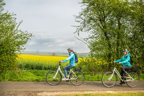 Twee fietsers op een pad naast een bloeiend koolzaadveld.