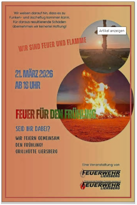An invitation to a spring fire of the Liersberg fire brigade on March 21, 2026. The poster features a fire and highlights the celebrations.