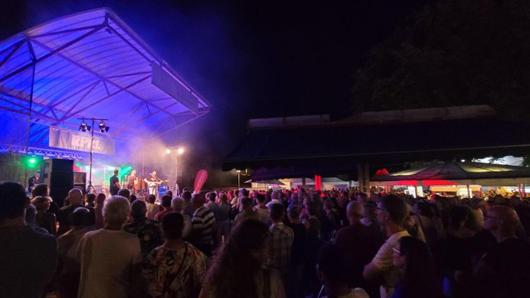 Eine lebhafte Konzertszene bei Nacht mit einer großen Menschenmenge. Bunte Lichter und eine Bühne sorgen für festliche Stimmung.