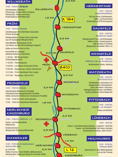 <p>Eine farbige Karte zeigt verschiedene Orte und Straßen im Prümtal. Die Karte ist übersichtlich mit Symbolen und Beschriftungen für die Orte und das Programm vor Ort gekennzeichnet.</p>