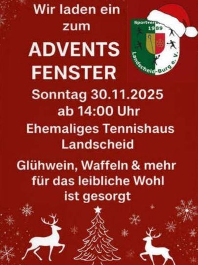 Ein Einladung zu einem Adventsfenster am 30. November 2025. Es werden Glühwein, Waffeln und weitere Leckereien angeboten.