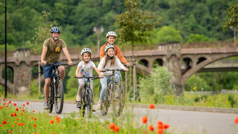 Een gezin fietst op een mooie weg. Op de achtergrond is een brug en bloeiende bloemen te zien.