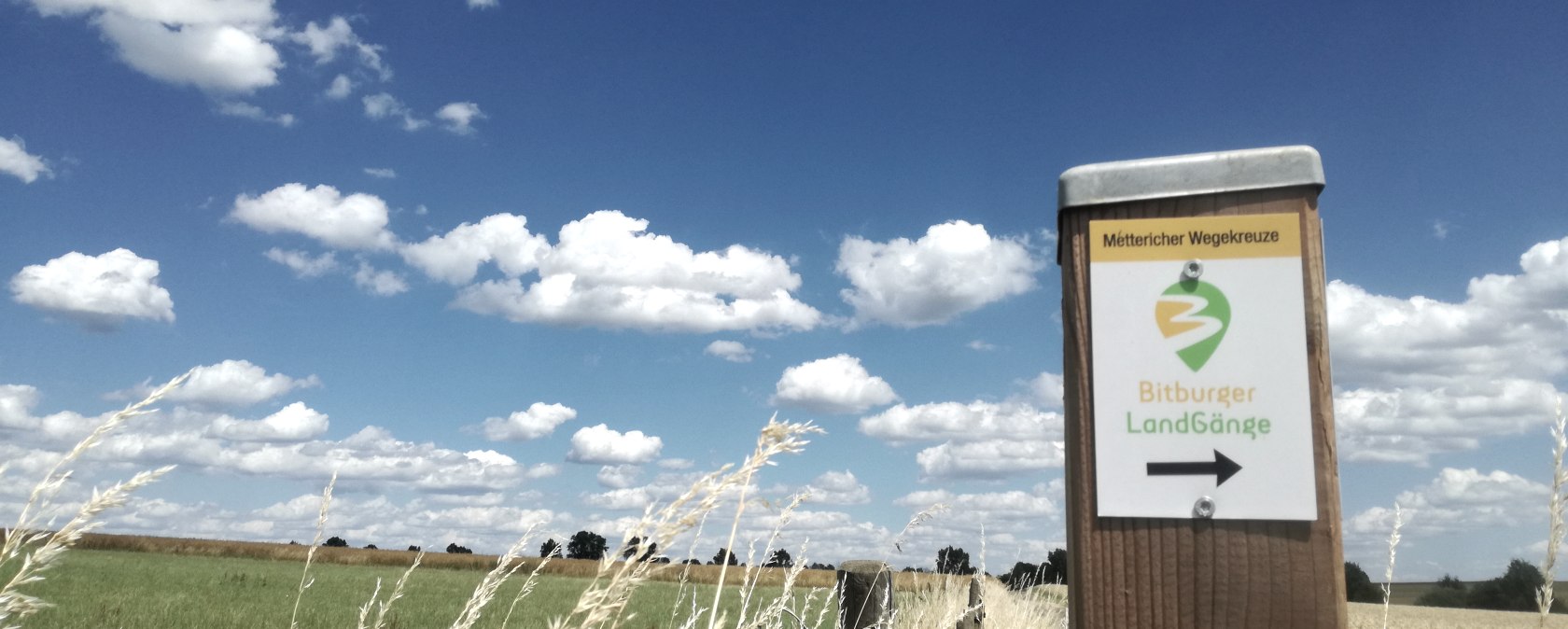 Panneau indicateur pour Bitburger LandGänge dans un paysage verdoyant sous un ciel bleu avec des nuages blancs., © Tourist-Infomration Bitburger Land