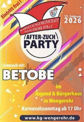 Une invitation colorée à l'événement pour la fête après la récolte le 15 février 2026. Musique en direct de Betobe à la maison des jeunes et des citoyens à Wengerohr.