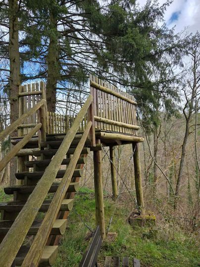 Ein Holzobservatorium steht auf Pfählen im Wald. Treppen führen zu einem Balkon mit Aussicht.