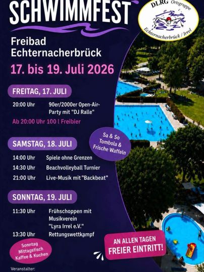 Ein Plakat für das Schwimmfest im Freibad Echternacherbrück vom 18. bis 20. Juli 2025. Es enthält Informationen über verschiedene Veranstaltungen wie Partys, Wasserparcours und Live-Musik.