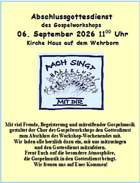 A flyer for the graduation service of the gospel workshop on September 6, 2026, at 11 a.m. Gospel music will be presented with joy and enthusiasm.
