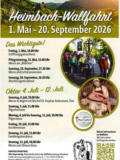 Eine Veranstaltungshinweis für die Heimbach-Wallfahrt von 1. Mai bis 20. September 2026. Es sind Termine für Gottesdienste und Prozessionen aufgeführt.