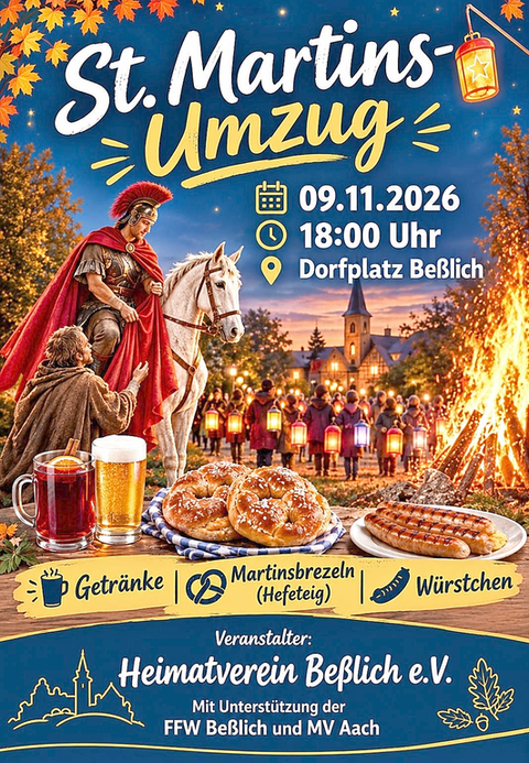 A cheerful St. Martin's procession with festively dressed participants and an impressive backdrop. There are drinks, Martin's pretzels, and sausages to enjoy.