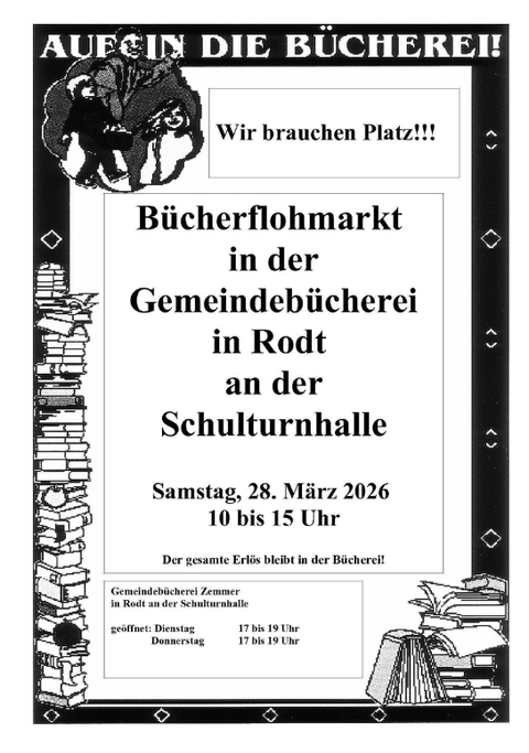 Une affiche pour un marché aux livres à la bibliothèque municipale de Rodt. Le marché aura lieu le 28 mars 2026 de 10h à 15h.