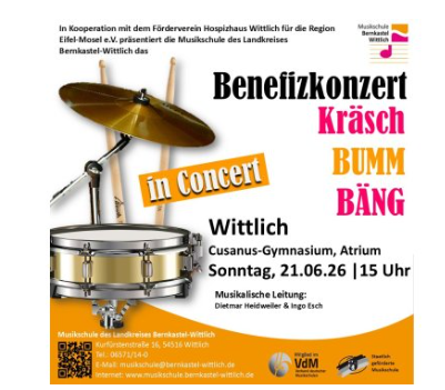 A poster for a charity concert titled "Kräsch BUMM BÄNG". The concert will take place on Sunday, June 21, 2026, at the Cusanus-Gymnasium in Wittlich.