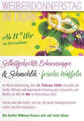 Une affiche pour le Jeudi des Femmes dans le village. Il y aura de la soupe de pois maison, des brochettes et des gaufres fraîches.