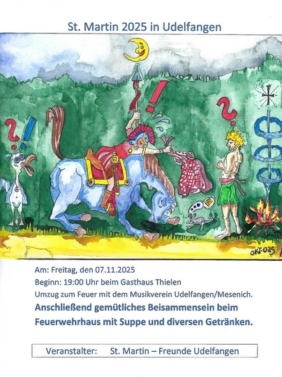 A colorful poster for the St. Martin festival in Udelfangen. It shows a riding Saint Martin sharing with a beggar, surrounded by stars and a fire pit.