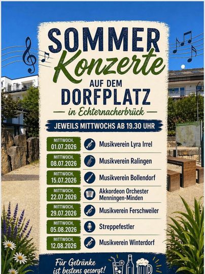 Ein Plakat für die Sommerkonzerte in Echternacherbrück. Es zeigt die Termine und teilnehmenden Musikvereine sowie Informationen zur Veranstaltung.