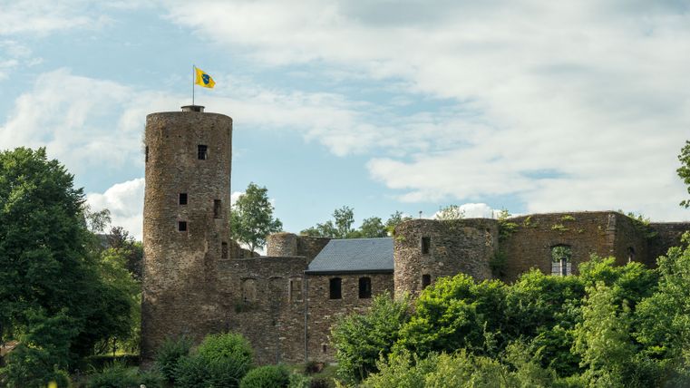Château de Reuland avec drapeau sur la tour, entouré d'arbres.