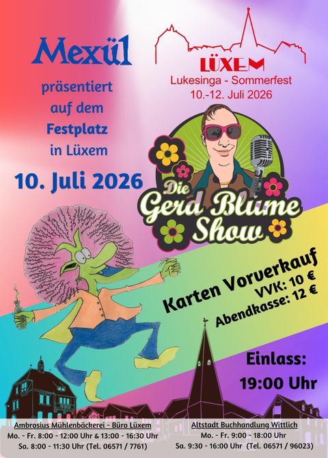 Ein buntes Plakat für die Gerd Blume Show beim Lukesinga-Sommerfest in Lüxel. Das Event findet am 10. Juli 2026 statt und Eintrittskarten sind im Vorverkauf erhältlich.