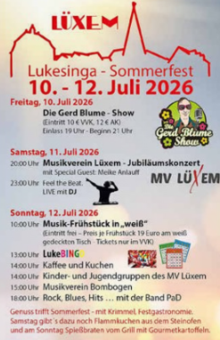Ein Flyer für das Lukesinger Sommerfest, das vom 10. bis 12. Juli 2026 stattfindet. Es listet verschiedene Veranstaltungen und Aufführungen, darunter Konzerte und ein Musik-Frühstück.