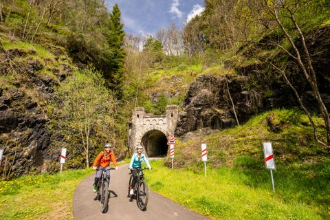 Deux cyclistes profitent d'un paysage pittoresque sur une piste cyclable. À l'arrière-plan, un vieux tunnel et des collines verdoyantes sont visibles.