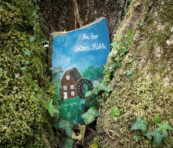 A painted stone with a mill and the inscription 'In der Alten Mühle' is embedded in the bark of a tree, surrounded by moss and ivy., © TI Bitburger Land