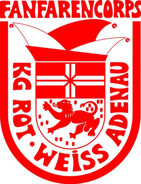 Een wapen van het fanfarekorps met rode en witte kleuren. Het toont een leeuw en een gestileerde hoed.