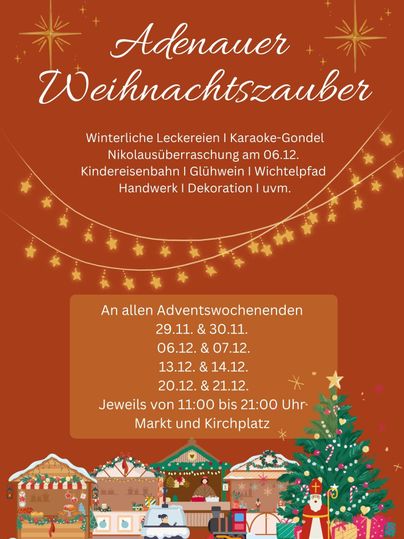 Ein festlicher Weihnachtsmarkt mit bunten Ständen und einem großen Weihnachtsbaum. Es gibt verschiedene Leckereien, Aktivitäten und Informationen zu den Adventswochenenden.