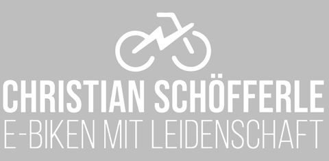 A minimalist logo featuring a stylized bicycle. The text "Christian Schöfferle – E-Bikes with Passion" is also included.