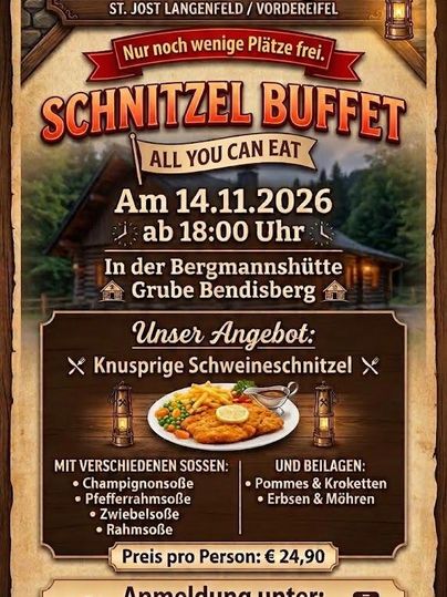 Ein Flyer für ein Schlachtfest in der Bergmannshütte Grube Bendisberg. Er präsentiert Informationen zu Speisen, Preisen und Reservierungen für das Event.