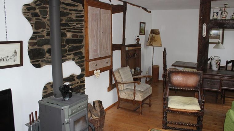 Een gezellige woonruimte met een houtkachel en rustieke meubels. De muren zijn deels bekleed met steen en hout.