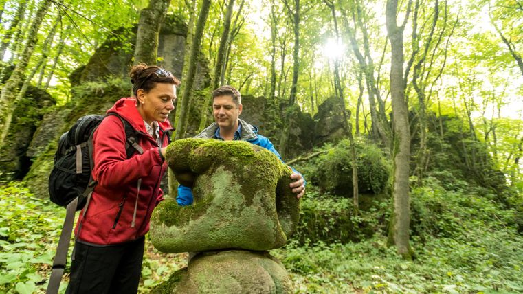 Twee mensen kijken naar een met mos bedekte steen in het bos.