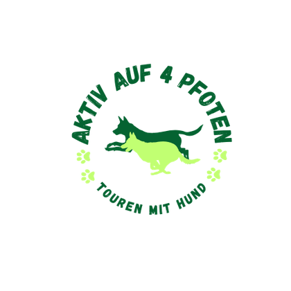 Un logo avec le texte "Actif sur 4 pattes" et deux chiens en train de courir. Il symbolise des promenades guidées avec des chiens.