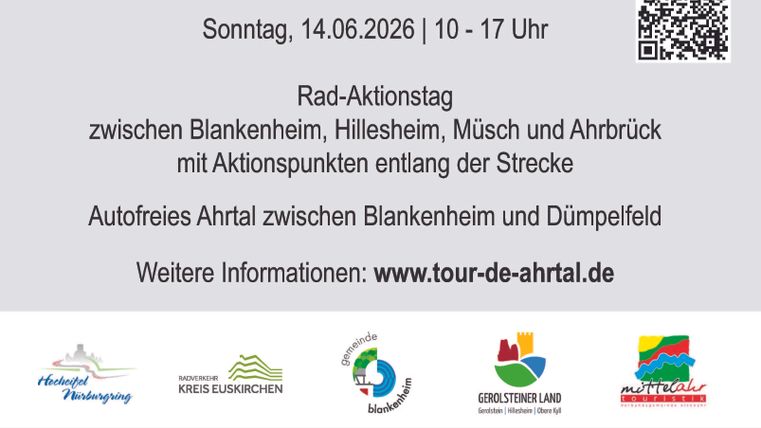 Eine Informationsgrafik für die Veranstaltung "Tour de Ahrtal" am 14. Juni 2026. Sie enthält Details zu einem Rad-Aktionstag zwischen Blankenheim, Hillesheim, Müscht und Ahrbrück.