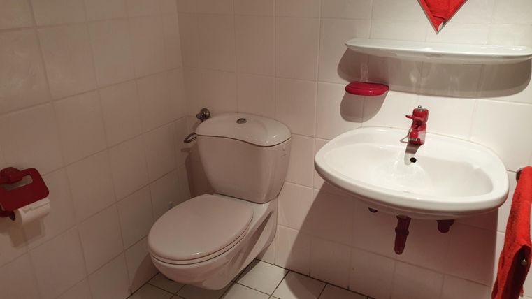 Bathroom with a toilet and a sink.