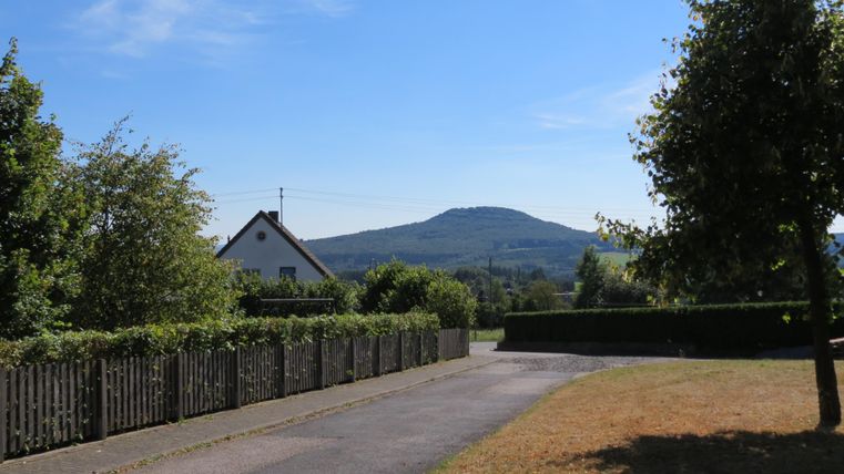 Een rustige landschap met een pad dat naar een heuvel leidt. Op de voorgrond zijn bomen en een hek te zien, onder een heldere blauwe lucht.