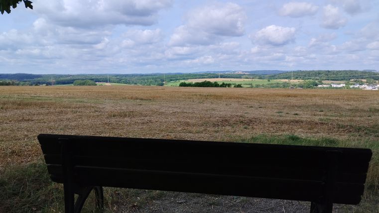 Blick von einer Bank auf ein weites Feld und bewaldete Hügel im Hintergrund.