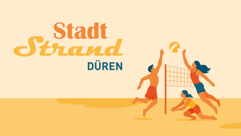 Een illustratie van drie personen die beachvolleybal spelen op het strand. De tekst "Stad Strand Düren" is ook prominent zichtbaar.