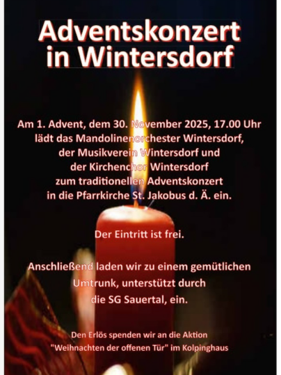 Een poster voor een adventsconcert in Wintersdorf. Het nodigt uit voor een gratis concert op 30 november 2025 in de parochiekerk St. Jakobus de Oudere.