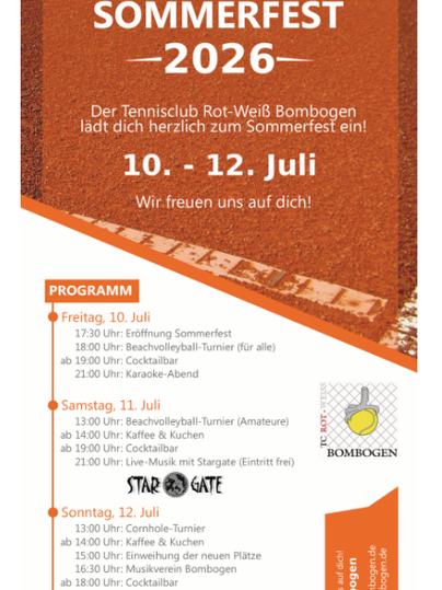 Ein Plakat für das Sommerfest 2026 des Tennisclubs Rot-Weiß Bombogen. Das Fest findet vom 10. bis 12. Juli statt und bietet ein abwechslungsreiches Programm.