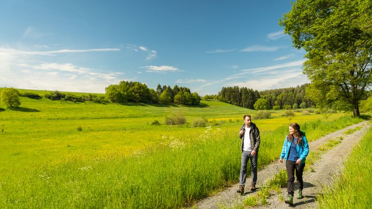 Two hikers on a path in the Murmes nature reserve, surrounded by green meadows and trees under a blue sky.