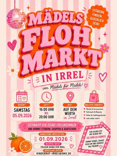 Ein fröhliches Plakat für einen Mädelsflohmart in Irrel. Der Markt findet am 5. September 2026 von 16:00 bis 20:00 Uhr statt.