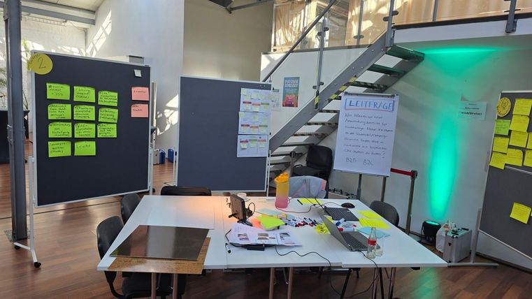 Een moderne vergaderruimte met een tafel waarop documenten en werkmaterialen liggen. Aan de muren hangen presentaties en notities in verschillende kleuren.