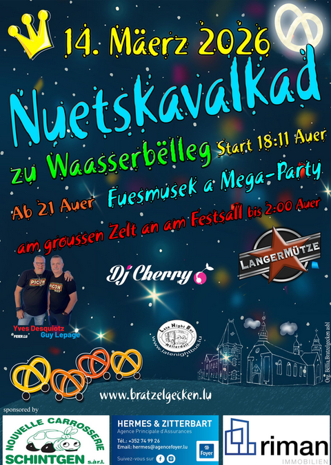 Ein farbenfrohes Festplakat für den Nuetskavalka anlässlich des Waasserbëllig. Das Event findet am 14. März 2026 statt und bietet Musik und Partystimmung.