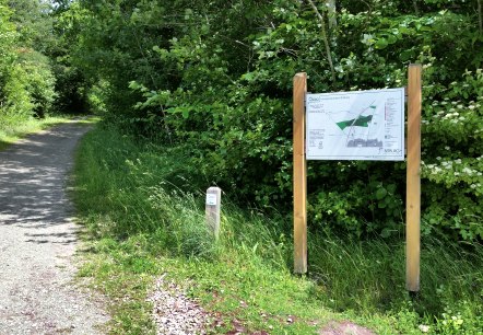A shady forest path leads through lush greenery. On the right is a large information sign with a map. The path is lined with trees., © Tourist-Information Bitburger Land