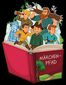 Illustration eines Märchenbuchs mit Figuren, die aus den Seiten hervortreten.