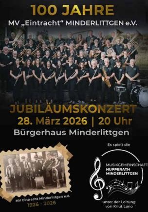 A poster for the anniversary concert of the MV "Eintracht" Minderlittgen e.V. on March 28, 2026, at the Bürgerhaus Minderlittgen. It features a large group of musicians and the anniversary celebrations.