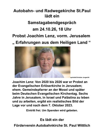Ein Plakat für eine Lesung in der Autobahn- und Radwegekirche St. Paul. Die Veranstaltung findet am 6. Juni um 19 Uhr mit Pater Stephan Senge statt.