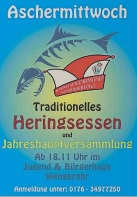 Ein buntes Plakat für das traditionelle Heringsessen und die Jahreshauptversammlung. Die Veranstaltung findet am Aschermittwoch im Jugend- und Bürgerhaus Wengerohr statt.