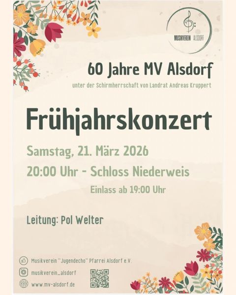 A poster for the spring concert of the Alsdorf Music Society for the 60th anniversary. It will take place on April 5, 2025, at Niederweis Castle, conducted by Pol Welter.