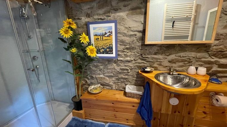 A modern bathroom with a shower and a wooden cabinet. A bouquet of flowers, a mirror, and some decorative elements give the room an inviting atmosphere.