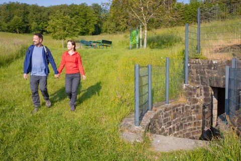 A couple walks hand in hand along a green path next to a fenced-in spring.