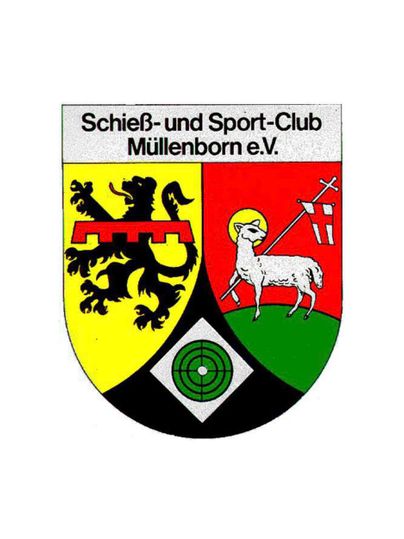 Ein Wappen des Schieß- und Sport-Clubs Müllenborn e.V. mit einem Löwen, einem Schaf und einem Zielsymbol. Die Farben umfassen Gelb, Rot, Grün und Schwarz.